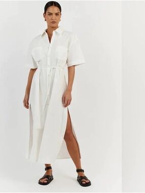 DISSH White Button‑Front Maxi Shirt Dress with Waist Tie- Size 12